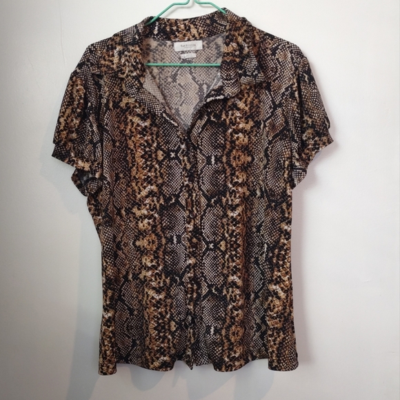 VanHeusen Snakeskin Print Women's Top Short Sleeves Collared Buttons Sz Large - Picture 2 of 12